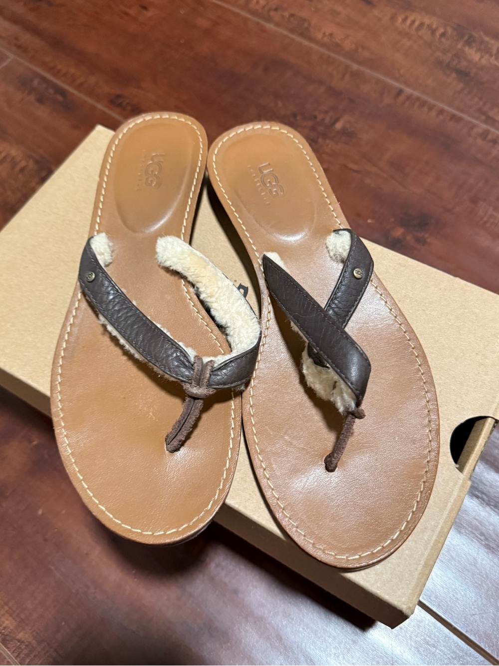 UGG Brown Leather Shearling Thong Sandals